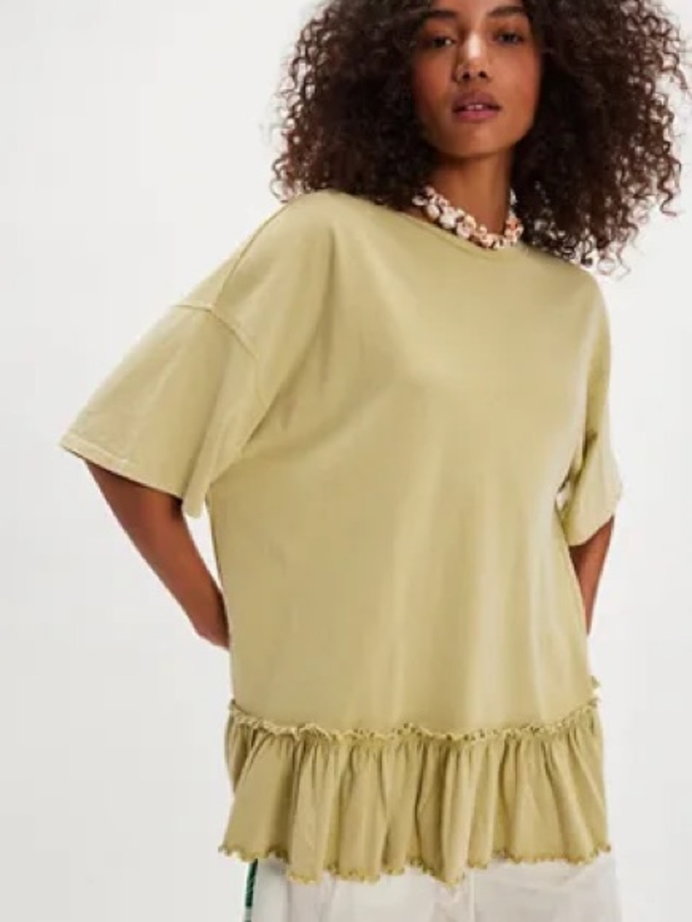 Free People We the Free Why Yes Tee Ruffle Hem Bohemian Light Green Small Boho
